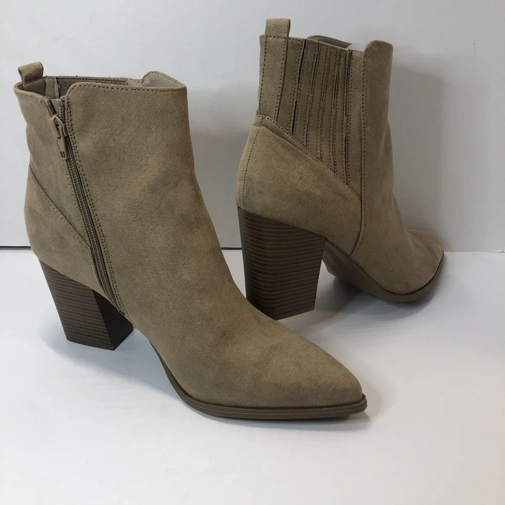 JustFab Ankle Booties‎ Boots Women Size 9 Tan Stacked Heel Zip Tan Faux Suede